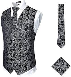 PARKLEES Klassische 3-teilige Paisley-Weste für Herren, Krawatte, Einstecktuch-Set, Hochzeit, Abschlussball, Party, Weste für Anzug oder Smoking, SV14-Black Silver, L von PARKLEES