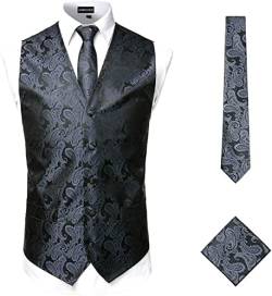 PARKLEES Klassische 3-teilige Paisley-Weste für Herren, Krawatte, Einstecktuch-Set, Hochzeit, Abschlussball, Party, Weste für Anzug oder Smoking, anthrazit, S von PARKLEES