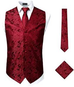 PARKLEES Klassische 3-teilige Paisley-Weste für Herren, Krawatte, Einstecktuch-Set, Hochzeit, Abschlussball, Party, Weste für Anzug oder Smoking, burgunderfarben, XXXL von PARKLEES