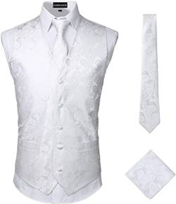 PARKLEES Klassische 3-teilige Paisley-Weste für Herren, Krawatte, Einstecktuch-Set, Hochzeit, Abschlussball, Party, Weste für Anzug oder Smoking, weiß, S von PARKLEES