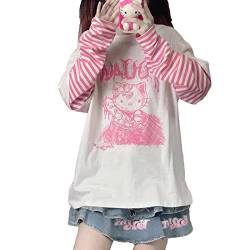 Anime Langarmshirts für Frauen Kawaii Shirts Patchwork Harajuku Cartoon Gothic Shirt, Pink, Groß von PAROSEN