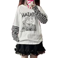 Anime Langarmshirts für Frauen Kawaii Shirts Patchwork Harajuku Cartoon Gothic Shirt, Schwarz, Mittel von PAROSEN
