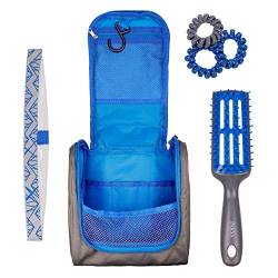 Praktisches Sport-Kulturtasche Set In Grau Blau zum Aufhängen mit Bürste, Haar-Band, Zopfgummis Von PARSA von PARSA Beauty
