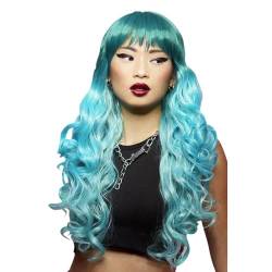 NEU ManicPanic Premium-Damen-Perücke Mermaid, lang und gewellt mit Pony, türkis von PARTY DISCOUNT