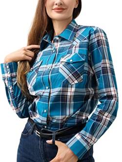 Westernhemden für Damen, 100 % Baumwolle, Langarmshirts für Damen, mit Druckknöpfen, karierte Hemden für Frauen, Blaugrün 79, Klein von PASHARTUK