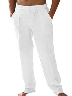 PASLTER Herren-Leinenhose, lockere Passform, gerades Bein, elastischer Kordelzug an der Taille, Sommer, Strand, lange Hose - - Mittel von PASLTER