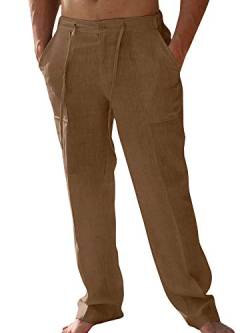 PASLTER Herren-Leinenhose, lockere Passform, gerades Bein, elastischer Kordelzug an der Taille, Sommer, Strand, lange Hose - - Mittel von PASLTER