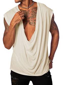 PASLTER Herren Tank Tops Ärmellose T-Shirts Tiefer V-Ausschnitt Loose Casual Sommer Strand Basic Tank Shirts, Beige, L von PASLTER