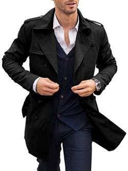 PASLTER Klassischer langer Mantel für Herren, zweireihig, Business-Trenchcoat für den Winter, warm, lang, Erbsenmantel, Windjacke, schwarz, L von PASLTER