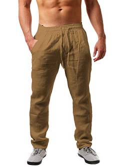 PASLTER Lässige Herren-Hose aus Leinen, lockere Passform, gerade Beine, elastischer Kordelzug, Taille, Sommer, Strand, Yoga, lange Hose, C-Khaki, Mittel von PASLTER