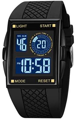 PASOY Unisex Digital-Armbanduhr mit Hintergrundbeleuchtung, für Herren und Damen, quadratischer Alarm, LED, schwarzes Gummi-Armband, Sport, Outdoor, wasserdichte Uhr, Schwarzes Zifferblatt A, Outdoor von PASOY