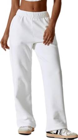 PASPRT Damen-Jogginghose mit Fleece-Futter und weitem Bein, elastisch, hoher Taille, Baggy-Sport-Jogginghose mit Taschen (Color : White, Size : S) von PASPRT