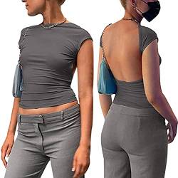 PASUDA Backless Top Damen Sommer Sexy Rückenfrei Kurzarm Crop Top Slim Fit T-Shirt Y2K Solide Farbe Rundhalsausschnitt Offener Rücken Bluse Casual Fashion Tees Streetwear (Grau, M) von PASUDA