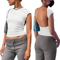 PASUDA Backless Top Damen Sommer Sexy Rückenfrei Kurzarm Crop Top Slim Fit T-Shirt Y2K Solide Farbe Rundhalsausschnitt Offener Rücken Bluse Casual Fashion Tees Streetwear (Weiß, S) von PASUDA