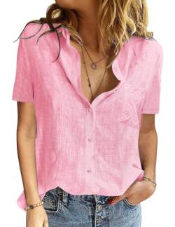 PASUDA Damen Bluse Sommer Elegant Baumwolle Leinen Hemd Kurzarm Oberteile V-Ausschnitt Button-Down Blusen Casual Hemdbluse Basic Revers Shirts Tunika Tops (Rosa, XL) von PASUDA