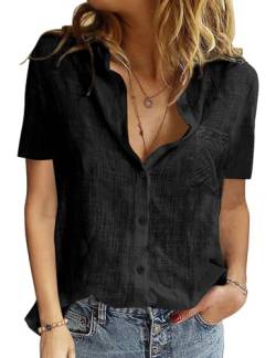 PASUDA Damen Bluse Sommer Elegant Baumwolle Leinen Hemd Kurzarm Oberteile V-Ausschnitt Button-Down Blusen Casual Hemdbluse Basic Revers Shirts Tunika Tops (Schwarz, L) von PASUDA