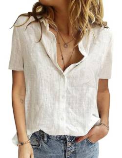 PASUDA Damen Bluse Sommer Elegant Baumwolle Leinen Hemd Kurzarm Oberteile V-Ausschnitt Button-Down Blusen Casual Hemdbluse Basic Revers Shirts Tunika Tops (Weiß, XXL) von PASUDA