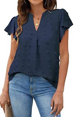 PASUDA Damen Bluse Sommer Elegant Chiffon Rüschen Kurzarm V-Ausschnitt Blusen Casual Tunika Hemd BasicTops Polka Dot Loose T Shirts (Marine, M) von PASUDA