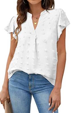 PASUDA Damen Bluse Sommer Elegant Chiffon Rüschen Kurzarm V-Ausschnitt Blusen Casual Tunika Hemd BasicTops Polka Dot Loose T Shirts (Weiß, M) von PASUDA