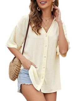 PASUDA Damen Bluse Sommer V-Ausschnitt Baumwolle Leinen Hemd Elegant 3/4 Roll Up Ärmel Button-Down Hemdbluse Casual Blusen Basic Revers Oberteile Tunika Shirts Tops (Gelb, L) von PASUDA