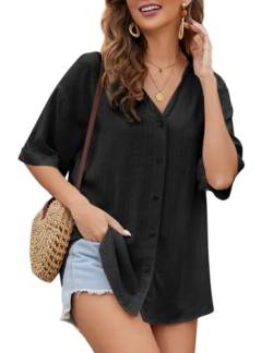 PASUDA Damen Bluse Sommer V-Ausschnitt Baumwolle Leinen Hemd Elegant 3/4 Roll Up Ärmel Button-Down Hemdbluse Casual Blusen Basic Revers Oberteile Tunika Shirts Tops (Schwarz, M) von PASUDA