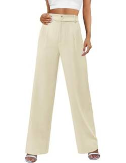 PASUDA Damen Hose Sommer Weites Bein Hight Waist Freizeithose Business Hosen Anzughose Casual Elegant Arbeitshose Geradem Loose Lang Stoffhose Sommerhose mit Taschen und Knöpfen (Beige, L) von PASUDA