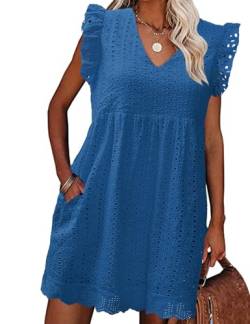 PASUDA Damen Kleider Sommer Freizeitkleider mit Tasche Elegant V Ausschnitt Flügelärmel Kleid High Waist A-Linien Sommerkleid mit Rüsche (Blau, M) von PASUDA