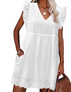 PASUDA Damen Kleider Sommer Freizeitkleider mit Tasche Elegant V Ausschnitt Flügelärmel Kleid High Waist A-Linien Sommerkleid mit Rüsche (Weiß, L) von PASUDA