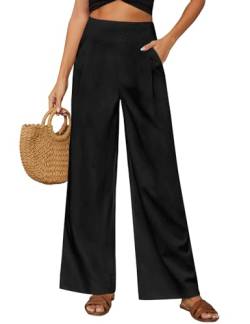 PASUDA Damen Leinenhose Sommer Hose Weites Bein Baumwolle Leinen Sommerhose Elastisch Hohe Taille Freizeithose Strandhose Lang Leichte Loose Boho Hosen mit Taschen Bequeme Stoffhose (Schwarz, L) von PASUDA