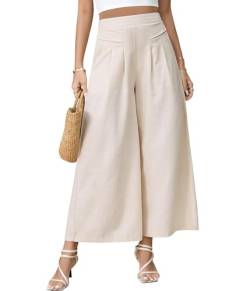 PASUDA Hose Damen Leinenhose Sommer Cropped Freizeithose Weites Bein Hosen Leicht Elegant Baumwolle Bequeme Palazzo Lässig Hose Elastische Taille Sommerhose Stoffhose mit Taschen (Beige, XXL) von PASUDA