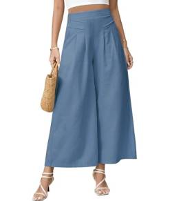 PASUDA Hose Damen Leinenhose Sommer Cropped Freizeithose Weites Bein Hosen Leicht Elegant Baumwolle Bequeme Palazzo Lässig Hose Elastische Taille Sommerhose Stoffhose mit Taschen (Blau, L) von PASUDA