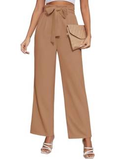 PASUDA Hose Damen Sommer Weites Bein Freizeithose Elastische Hohe Taille Business Arbeitshose Casual Hosen Anzughose Elegant Hose Sommerhose mit Taschen und Verstellbare Träger (Khaki, XL) von PASUDA