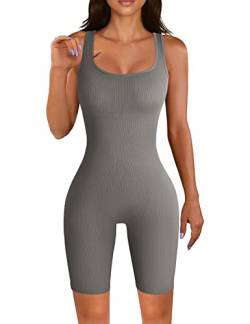 PASUDA Jumpsuit Damen Kurz Ärmellose Yoga Schwarzer Quadratischer Hals Einteiler Eng Sexy Overall Sport Tank Top Sommer Workout Gerippt Stretch Seamless Romper Bodysuit Outfits (Grey, L) von PASUDA