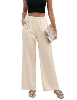 PASUDA Leinenhose Damen Sommer Hose Weites Bein Baumwolle Leinen Hose High Waist Geradem Lose Casual Sommerhose Freizeithose mit Kordelzug Taschen Elastischer Bund Stoffhose Lang Bequeme (Beige, L) von PASUDA