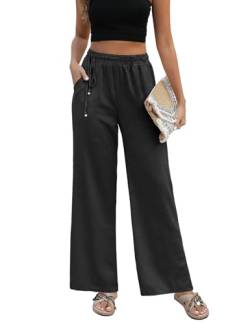 PASUDA Leinenhose Damen Sommer Hose Weites Bein Baumwolle Leinen Hose High Waist Geradem Lose Casual Sommerhose Freizeithose mit Kordelzug Taschen Elastischer Bund Stoffhose Lang Bequeme (Schwarz, S) von PASUDA