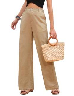 PASUDA Leinenhose Damen Sommer Weites Bein High Waist Sommerhose Einfarbig Freizeithose Geradem Lose Hosen mit Taschen Bequeme Lässige Elastischer Bund Stoffhose Lang (Khaki, M) von PASUDA