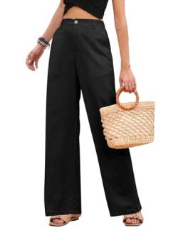 PASUDA Leinenhose Damen Sommer Weites Bein High Waist Sommerhose Einfarbig Freizeithose Geradem Lose Hosen mit Taschen Bequeme Lässige Elastischer Bund Stoffhose Lang (Schwarz, M) von PASUDA