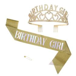 PATIKIL Geburtstagskrone, 63 Zoll Geburtstagsband und Krone Geburtstags-Tiara Haarreif Happy Birthday Queen Band mit Strasssteinen für Frauen Erwachsene Party, Gold von PATIKIL