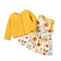 PATPAT Baby Mädchen Kleid und Strickjacke Sets, 2 Stück, Baby Mädchen Blumenmuster Kleid und Langarm Strickjacken-Set GELB 9-12 Monate von PATPAT