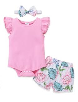 PATPAT Kleinkind Baby Kleidung Mädchen Tufkleid, Kurzarm Rüschen Kurzarm Cartoon Strampler Neugeborene + Bowknot Shorts + Stirnband Newborn Baby Set, 3Pcs Sachen Sommer Geschenk von PATPAT