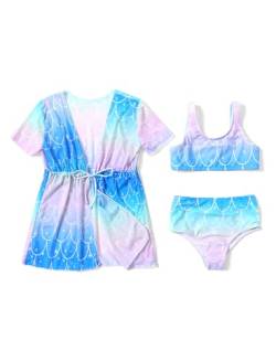 PATPAT Mädchen 3-teiliges Bikini-Tankini-Badeanzug-Set, niedlicher Badeanzug mit schnell trocknendem Kimono-Bindeüberwurf für 5-12 Jahre von PATPAT