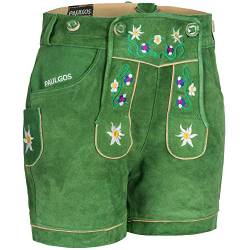 PAULGOS Damen Trachten Lederhose + Träger, Echtes Leder, Kurz in 8 Farben Gr. 34-50 M1, Damen Größe:36, Farbe:Grün von PAULGOS