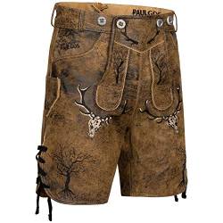 PAULGOS Herren Trachten Lederhose + Träger, Echtes Leder, Kurz in 3 Farben Gr. 44-60 HK6 Antik (Whiskybraun, 50) von PAULGOS