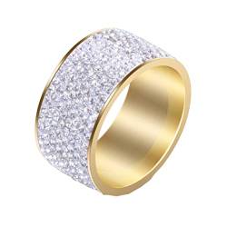 PAURO Damen Herren Edelstahl 12mm Hochglanzpolierter Ehering Zirkonia Ring Gold Weiß Größe 68 (21.6) von PAURO