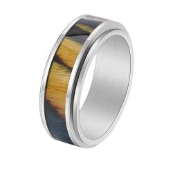 PAURO Herren Damen Edelstahl Emaille Jahrgang Holzmaserung Drehbarer Ring Silber Größe 60 (19.1) von PAURO