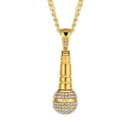 PAURO Herren Edelstahl Hip Hop Diamant CZ Mikrofon Anhänger Charme Halskette Mit Kette 24", Gold Klein von PAURO