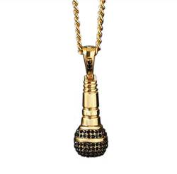 PAURO Herren Edelstahl Hip Hop Diamant CZ Mikrofon Anhänger Charme Halskette Mit Kette 24", Gold Schwarz Klein von PAURO