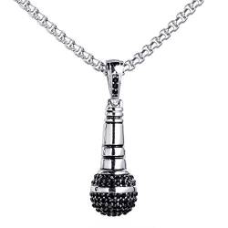 PAURO Herren Edelstahl Hip Hop Diamant CZ Mikrofon Anhänger Charme Halskette Mit Kette 24", Silber Schwarz Groß von PAURO