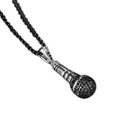 PAURO Herren Edelstahl Hip Hop Diamant CZ Mikrofon Anhänger Charme Halskette Mit Kette 24", Silber Schwarz Klein von PAURO