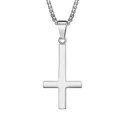 PAURO Herren Edelstahl Invertiert Kreuz von Upside Down Halskette Anhänger Charme mit 24 Zoll Kette poliert Silber klein von PAURO